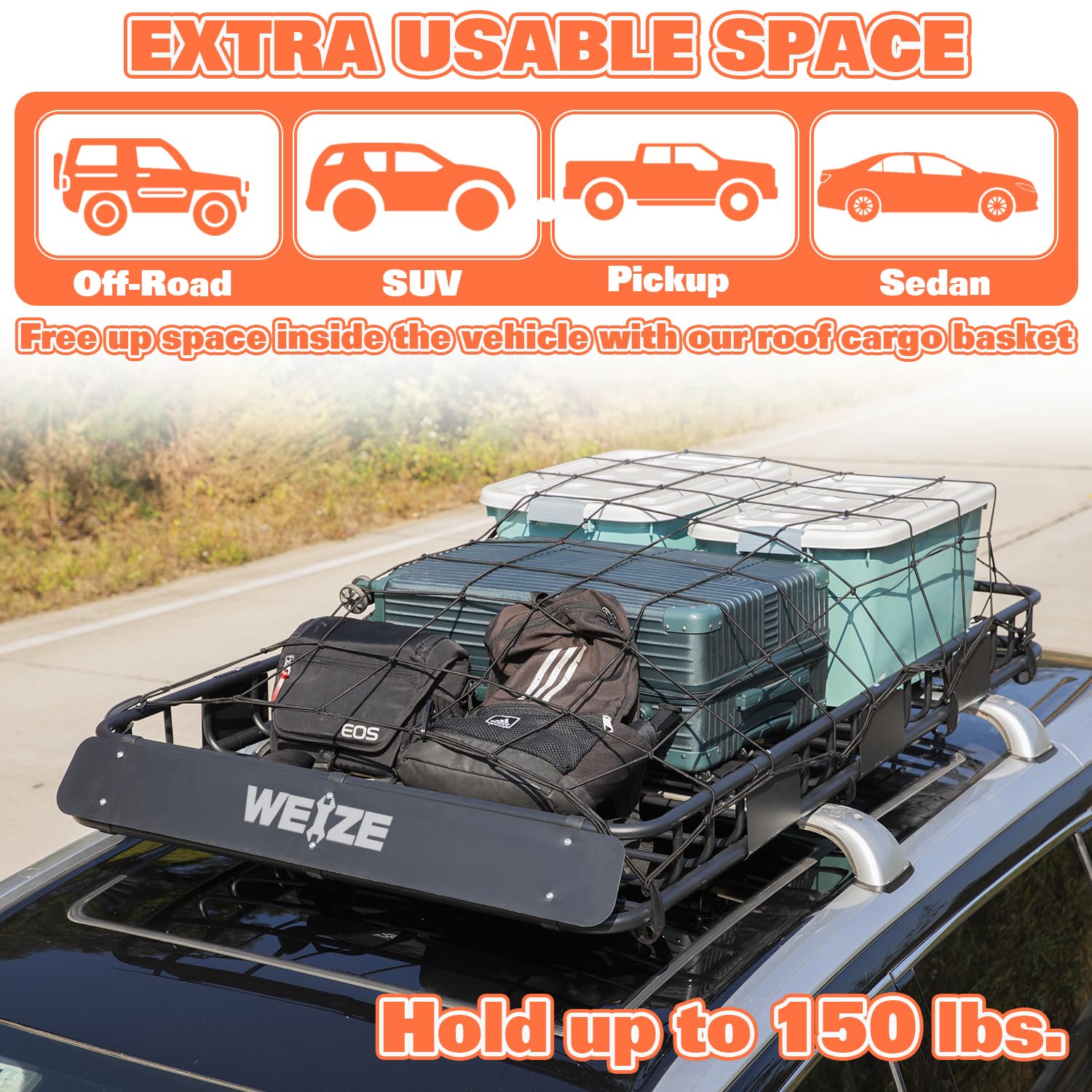 64 x 39 Inch Universal Roof Rack Cargo Carrier Basket, Heavy Duty Car Top Luggage Holder for Camping & Travel, Steel Construction, 150 lbs Capacity truckdreamer